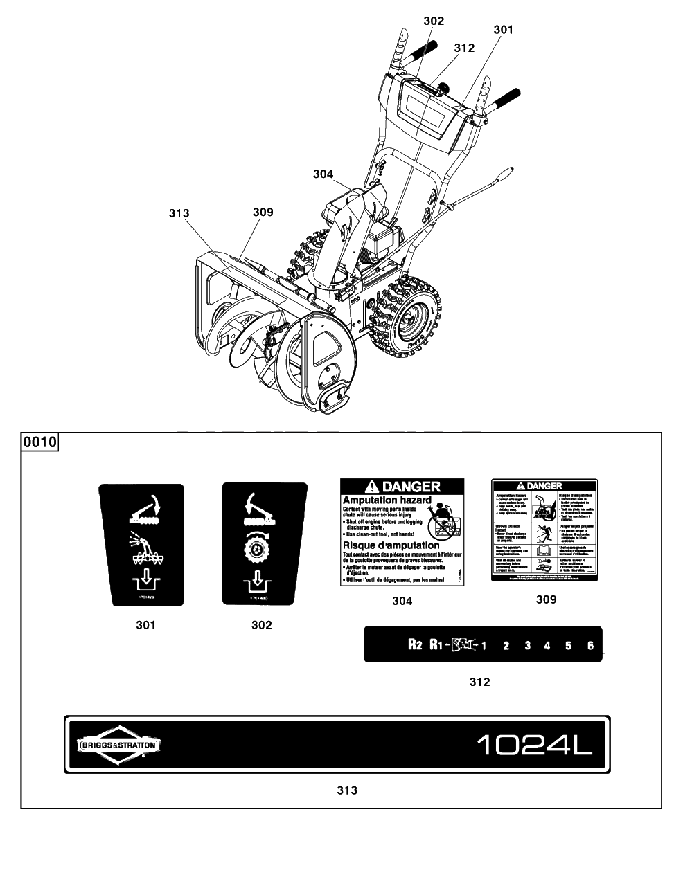 Decals Group Diagram and Parts List for 1024L (1697439-00)(2021) Briggs and Stratton Snow Blower